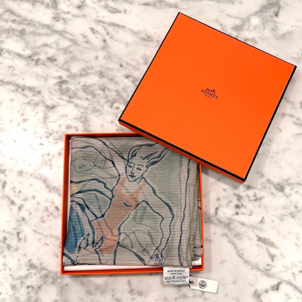 Hermes Silk Artistic Blue and Orange Scarf 26 x 26 - Brand New in the Box